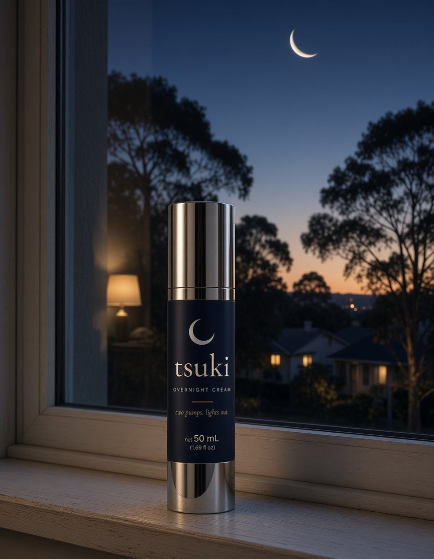the tsuki bottle on a windowsill at dusk, a crescent moon in the sky