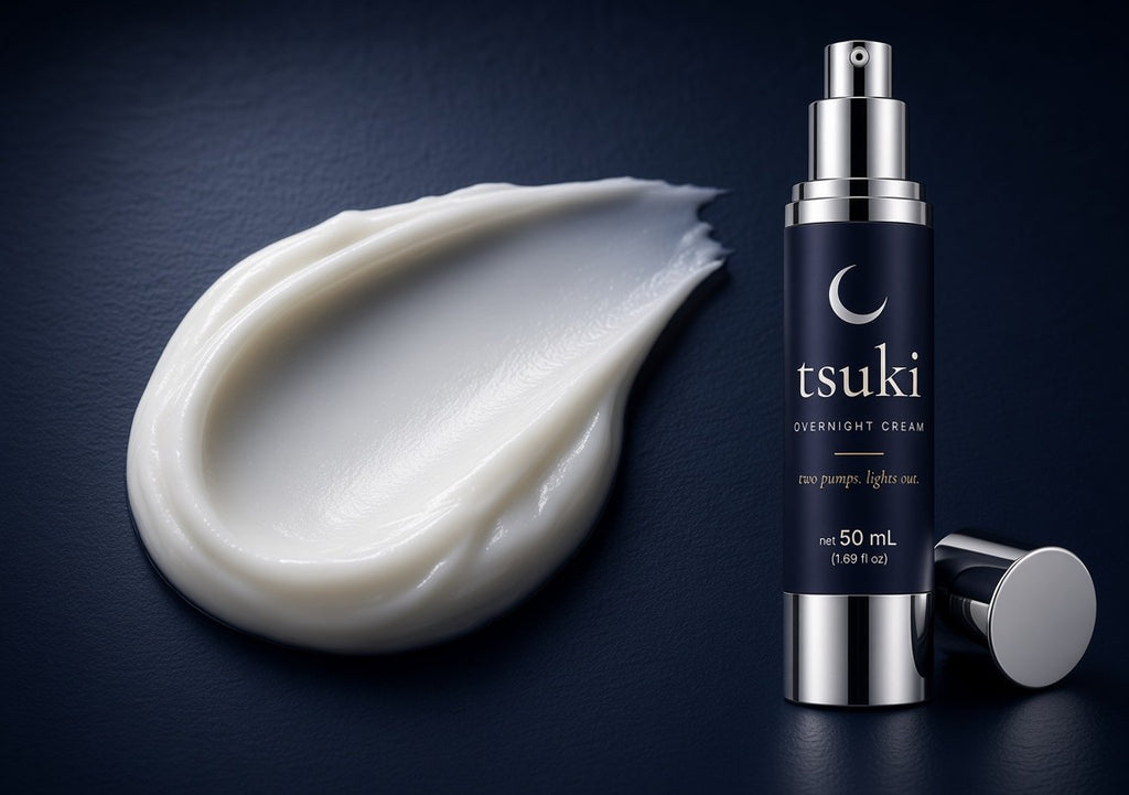 a swirl of rich white cream next to the open tsuki bottle