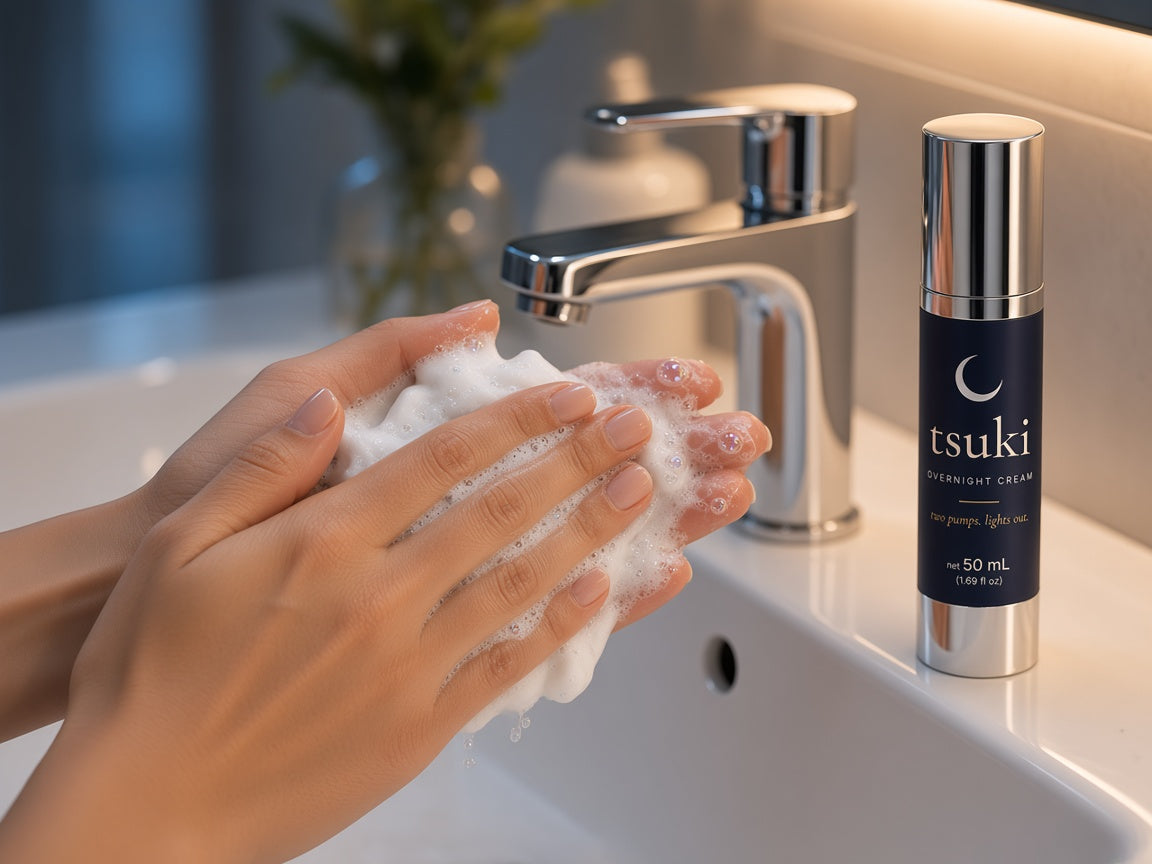 hands lathering cleanser at a bathroom sink