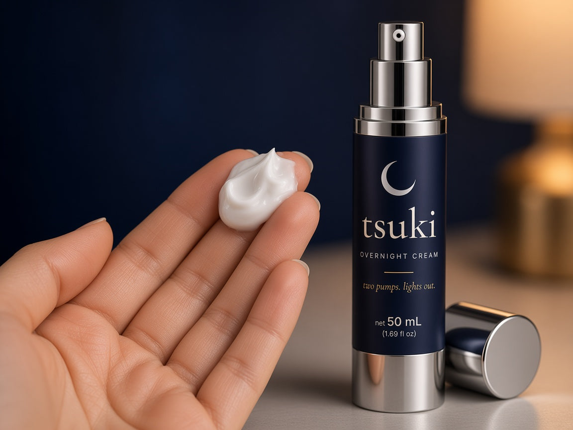 two pumps of cream on fingertips next to the tsuki bottle