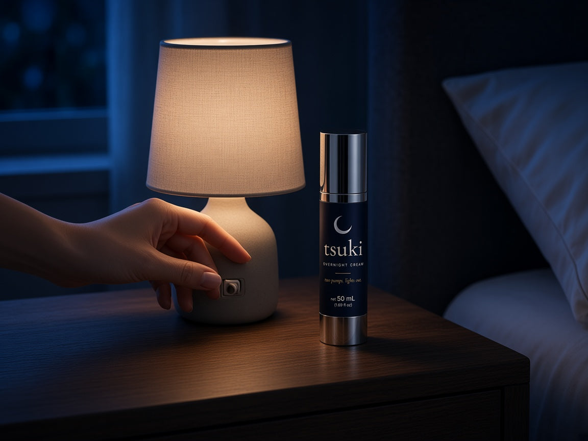 a hand switching off a bedside lamp next to the tsuki bottle