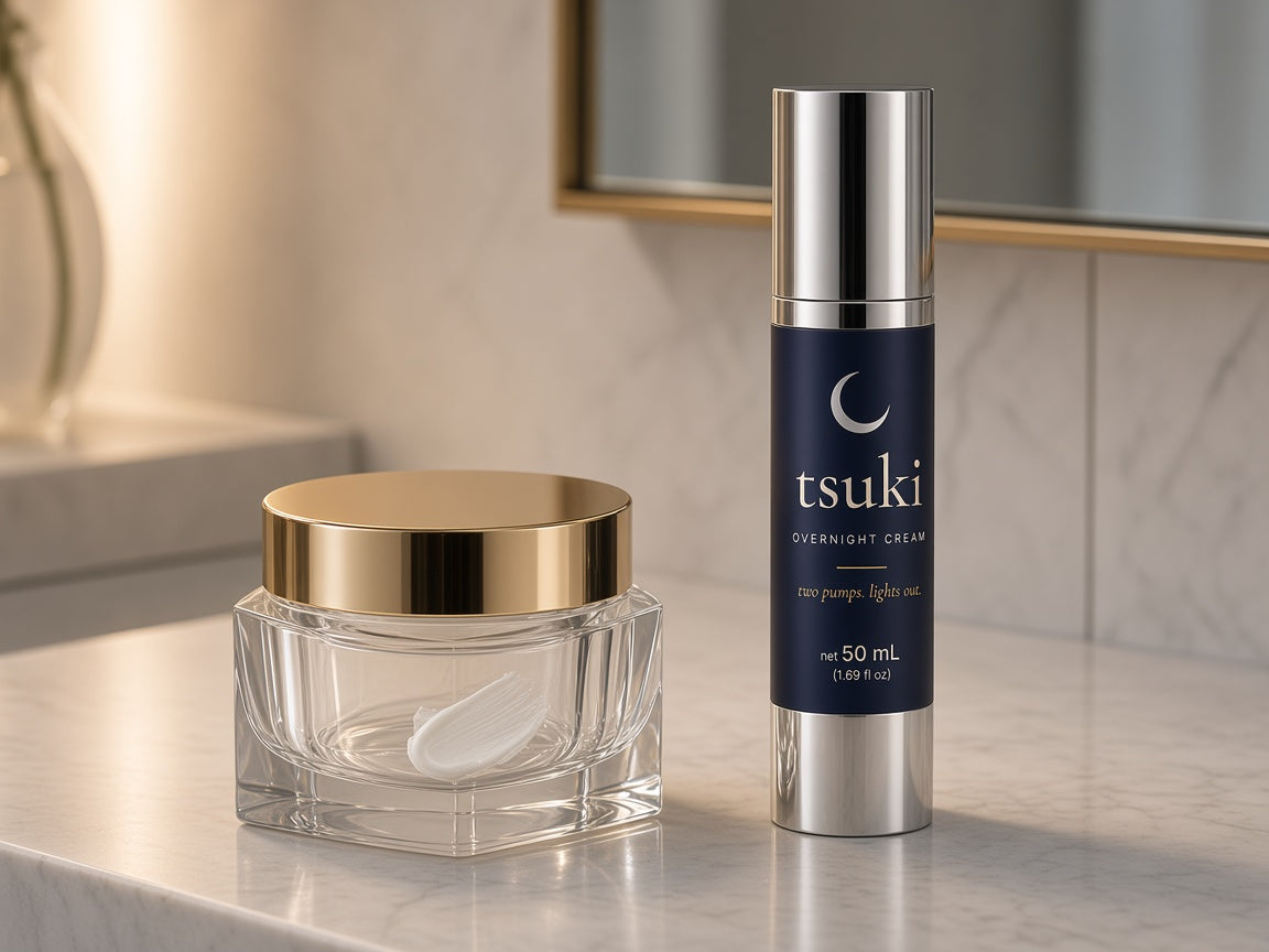 a nearly empty luxury cream jar next to a full bottle of tsuki