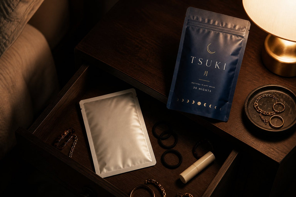 a lone luxury sheet mask in a drawer beside the tsuki pouch