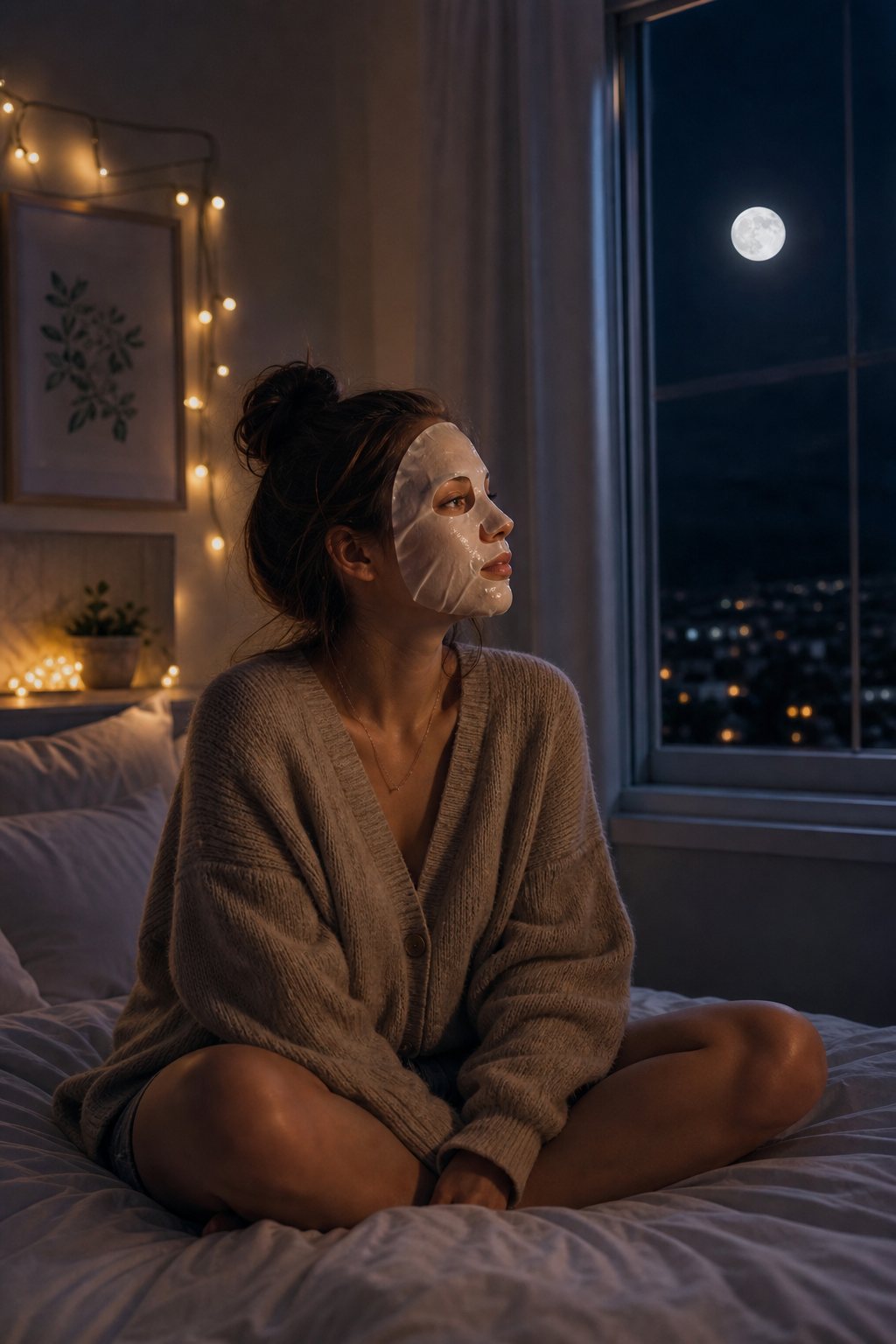 mask on in a dim fairy-light bedroom, moon out the window
