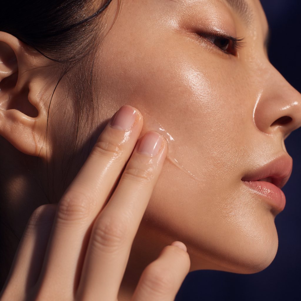 fingertips pressing essence into a cheekbone